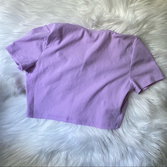 Purple Tie Front Ribbed Crop T-shirt Top - Picture 6 of 7